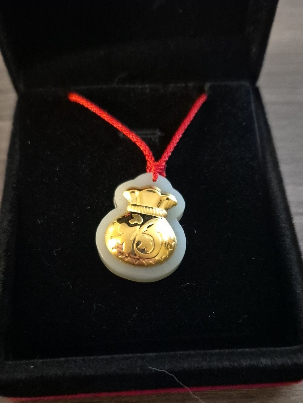 Good Luck Charm Gold Money Bag Hetian Jade Pendant Red Cord 16"